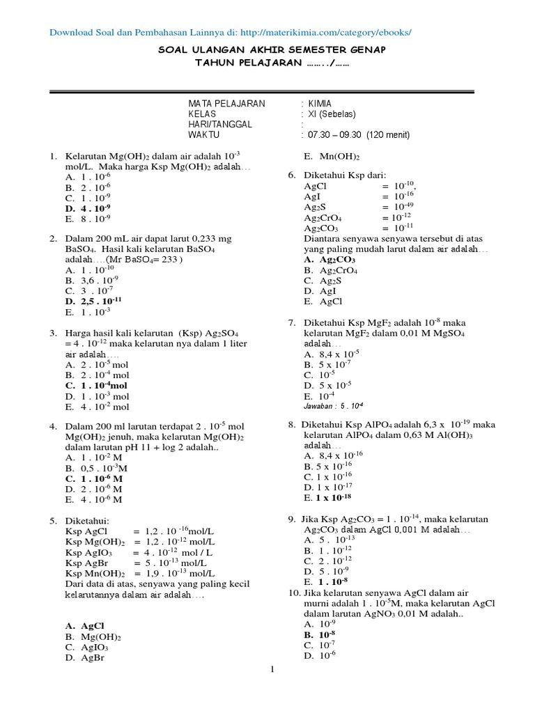 Contoh Soal Kimia Kelas 12 Semester 2