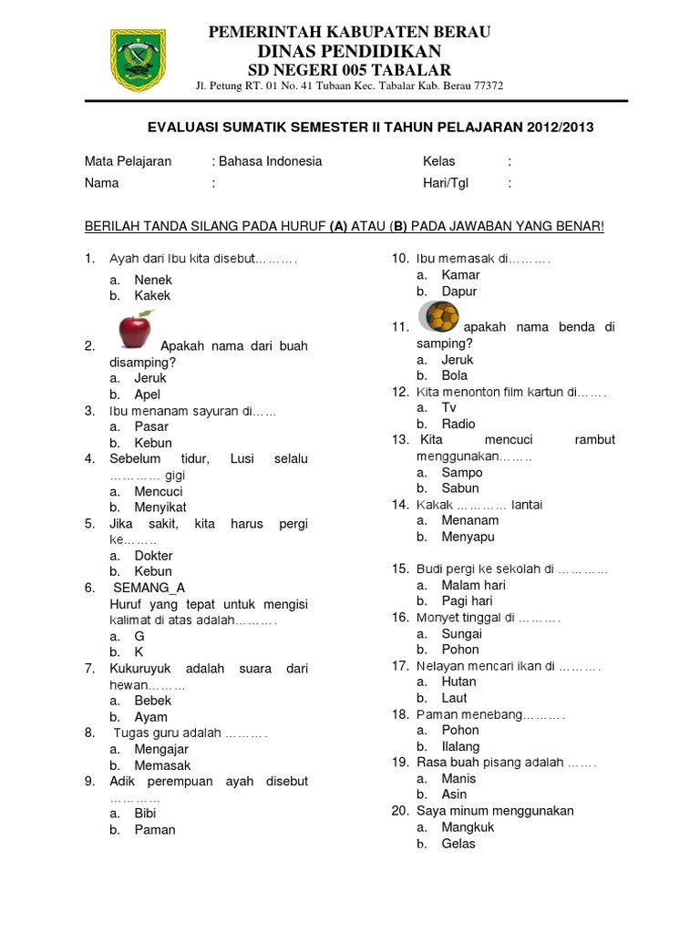 Jawaban Soal Bahasa Indonesia Kelas 1 Semester 2 Pilihan Ganda dan Jawaban Soal Bahasa Indonesia Kelas 1 Semester 2 Pilihan Ganda dan